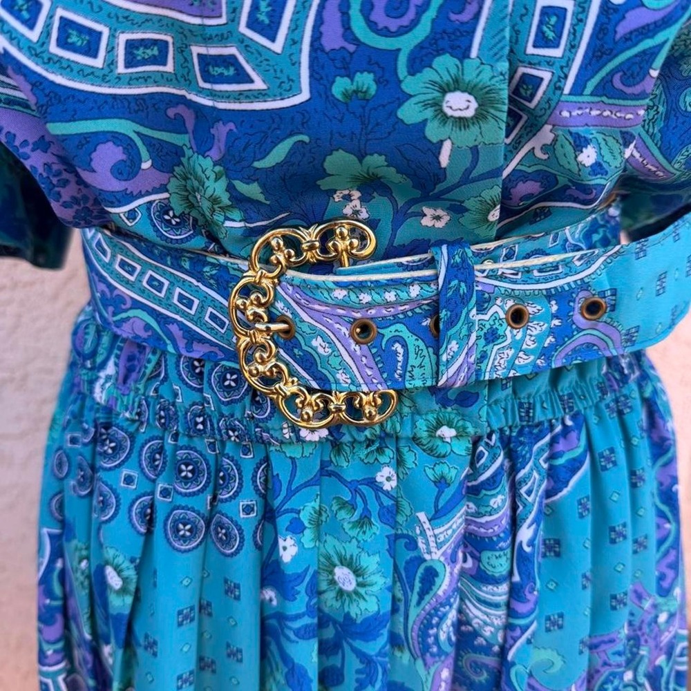 Leslie Fay blue paisley print midi dress with belt - Picture 2 of 8